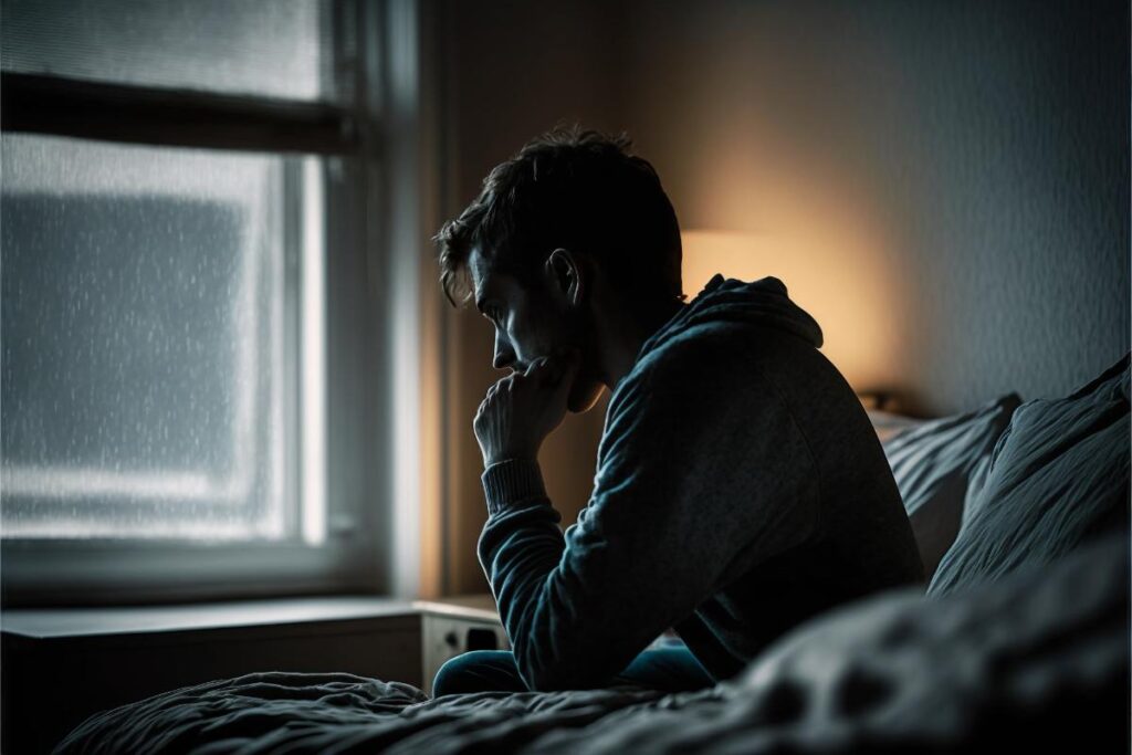 Person sitting on their bed, wondering about the side effects of DMT